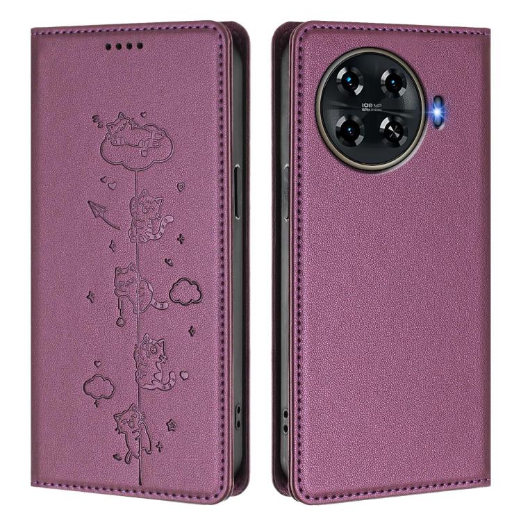 For Tecno Spark 20 Pro+ 4G Cute Cats Embossed Magnetic RFID Vegan Leather Phone Case