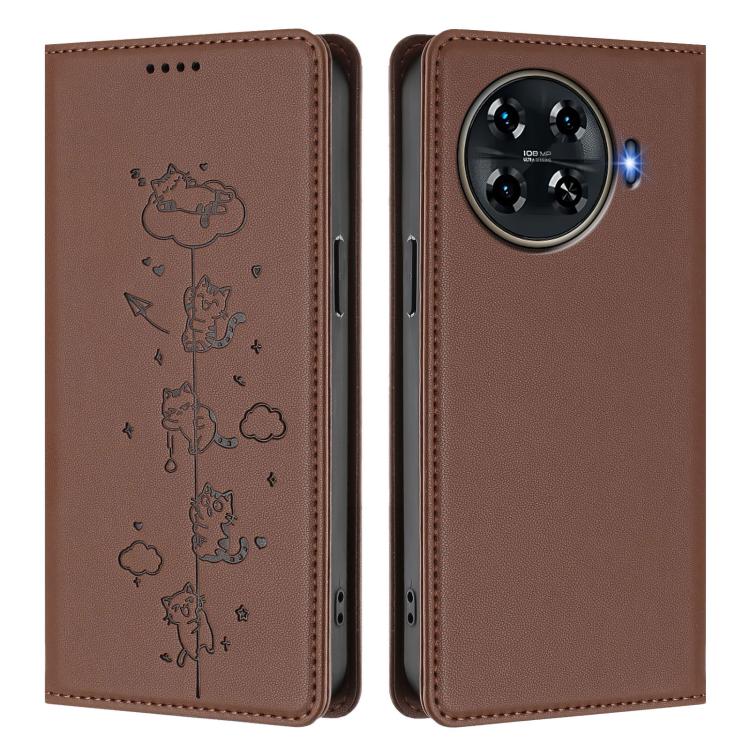 For Tecno Spark 20 Pro+ 4G Cute Cats Embossed Magnetic RFID Vegan Leather Phone Case