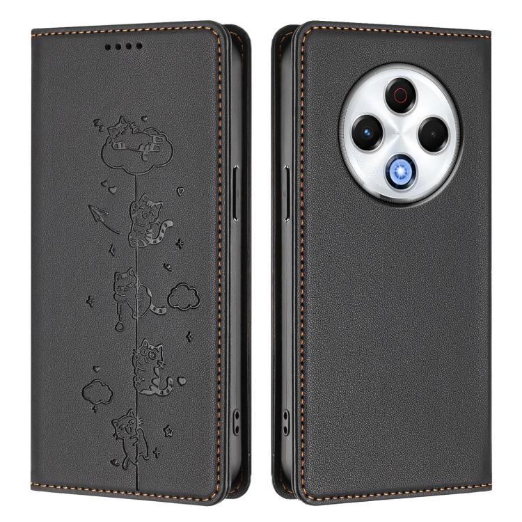 For Tecno Spark 30 4G Cute Cats Embossed Magnetic RFID Vegan Leather Phone Case