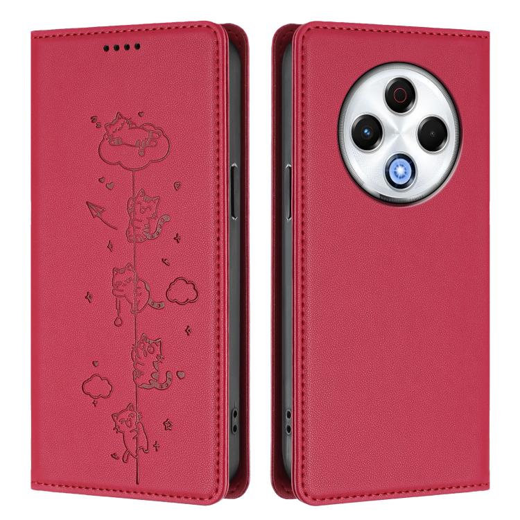 For Tecno Spark 30 4G Cute Cats Embossed Magnetic RFID Vegan Leather Phone Case