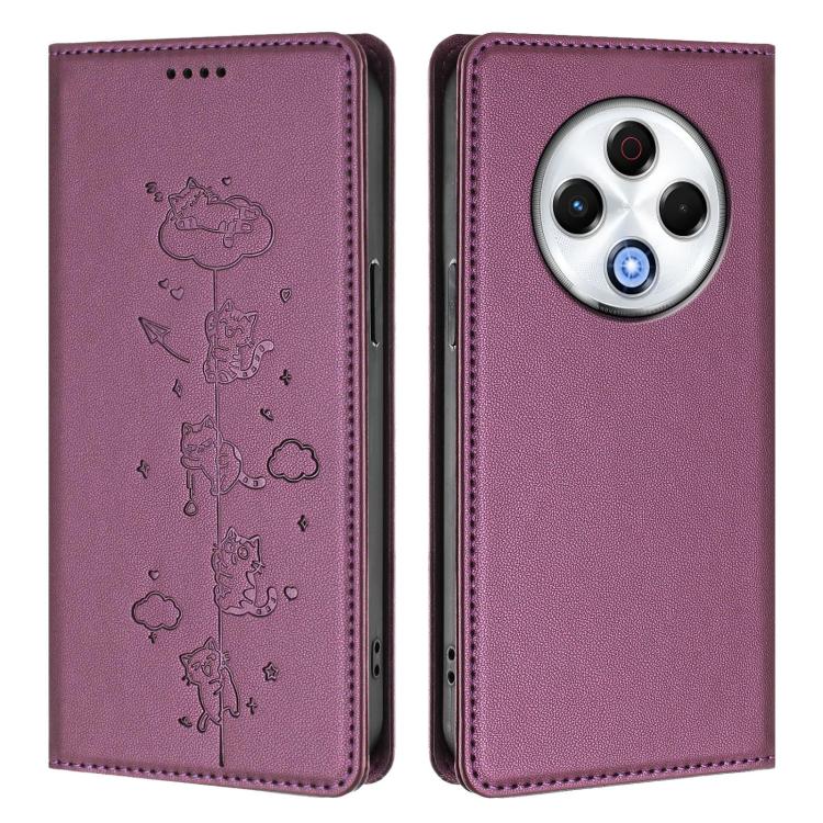 For Tecno Spark 30 4G Cute Cats Embossed Magnetic RFID Vegan Leather Phone Case