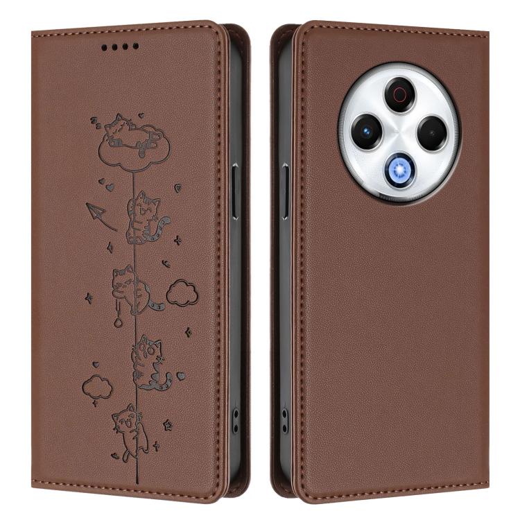For Tecno Spark 30 4G Cute Cats Embossed Magnetic RFID Vegan Leather Phone Case