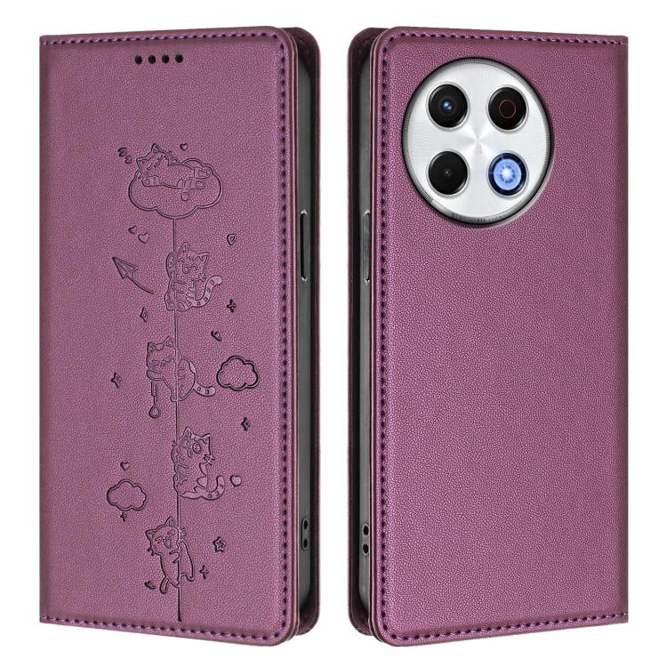For Tecno Spark 30 Pro 4G Cute Cats Embossed Magnetic RFID Vegan Leather Phone Case
