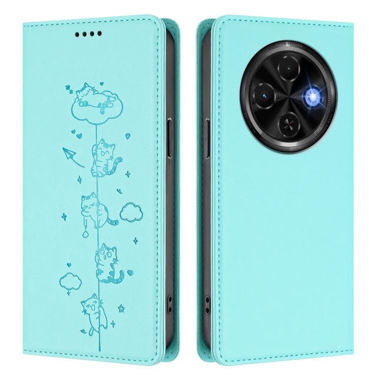For Tecno Spark 30C 4G Cute Cats Embossed Magnetic RFID Vegan Leather Phone Case
