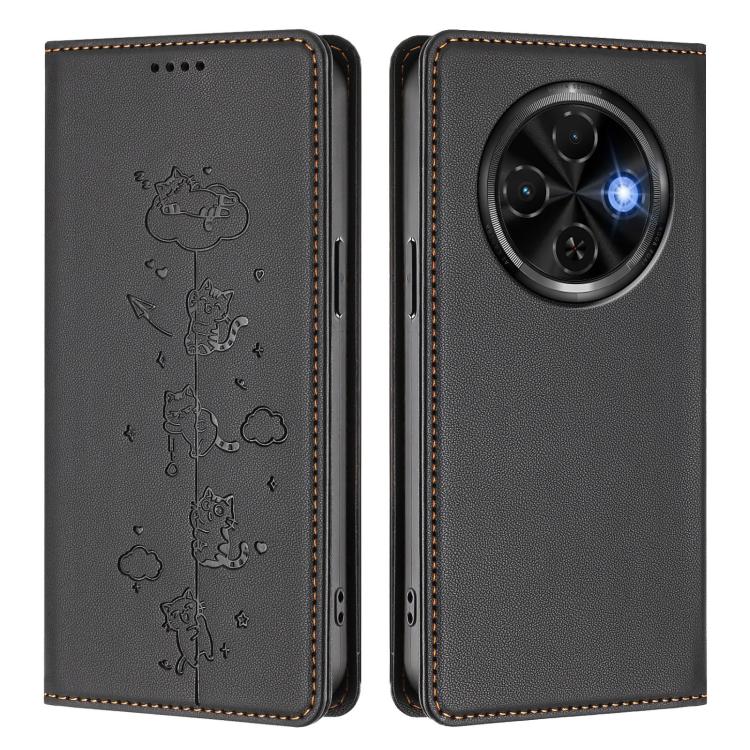 For Tecno Spark 30C 4G Cute Cats Embossed Magnetic RFID Vegan Leather Phone Case