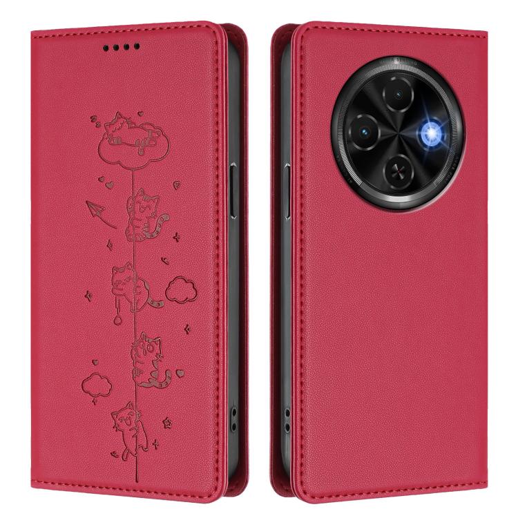 For Tecno Spark 30C 4G Cute Cats Embossed Magnetic RFID Vegan Leather Phone Case