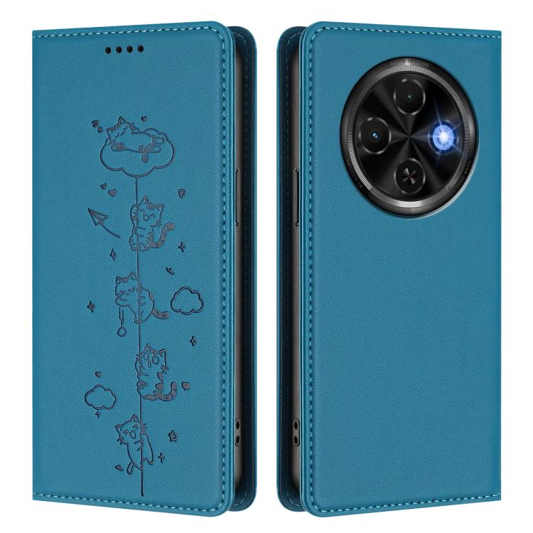 For Tecno Spark 30C 4G Cute Cats Embossed Magnetic RFID Vegan Leather Phone Case