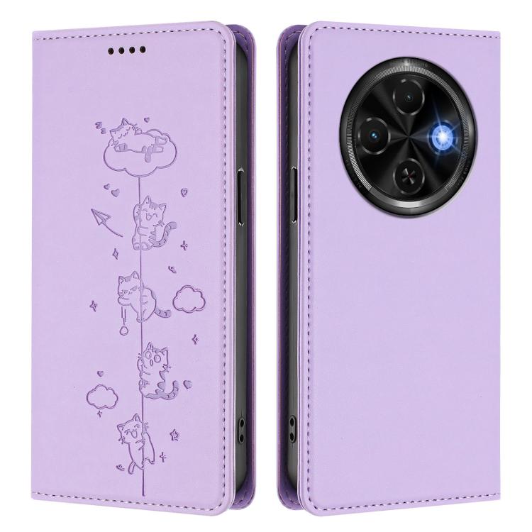 For Tecno Spark 30C 4G Cute Cats Embossed Magnetic RFID Vegan Leather Phone Case