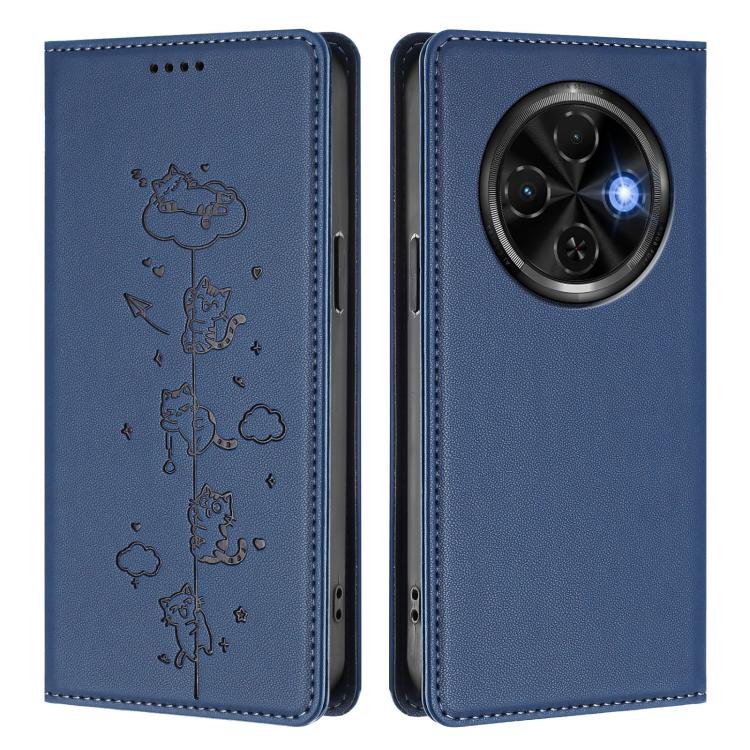 For Tecno Spark 30C 4G Cute Cats Embossed Magnetic RFID Vegan Leather Phone Case