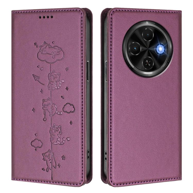 For Tecno Spark 30C 4G Cute Cats Embossed Magnetic RFID Vegan Leather Phone Case