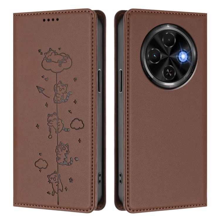 For Tecno Spark 30C 4G Cute Cats Embossed Magnetic RFID Vegan Leather Phone Case