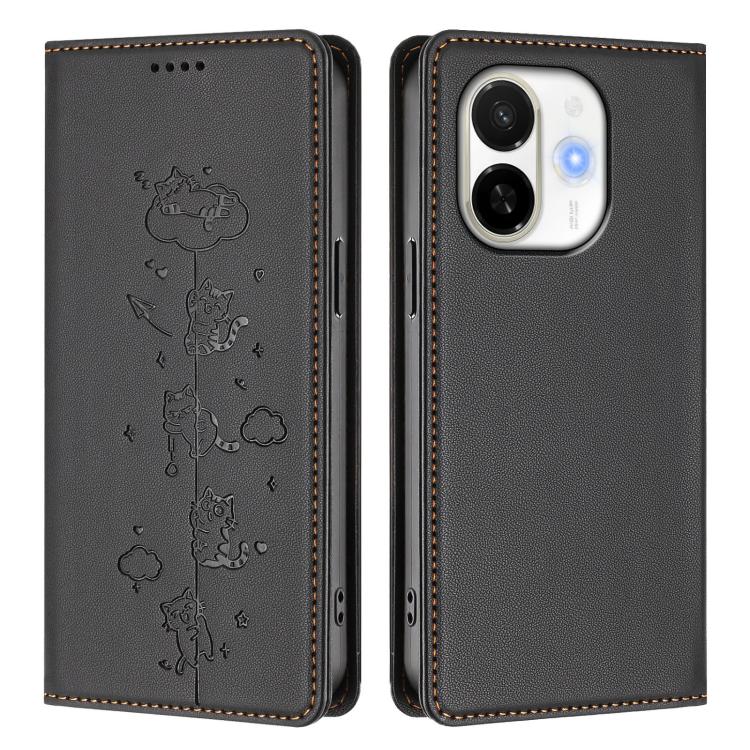 For Tecno Spark 30C 5G / Pop 9 5G Cute Cats Embossed Magnetic RFID Vegan Leather Phone Case