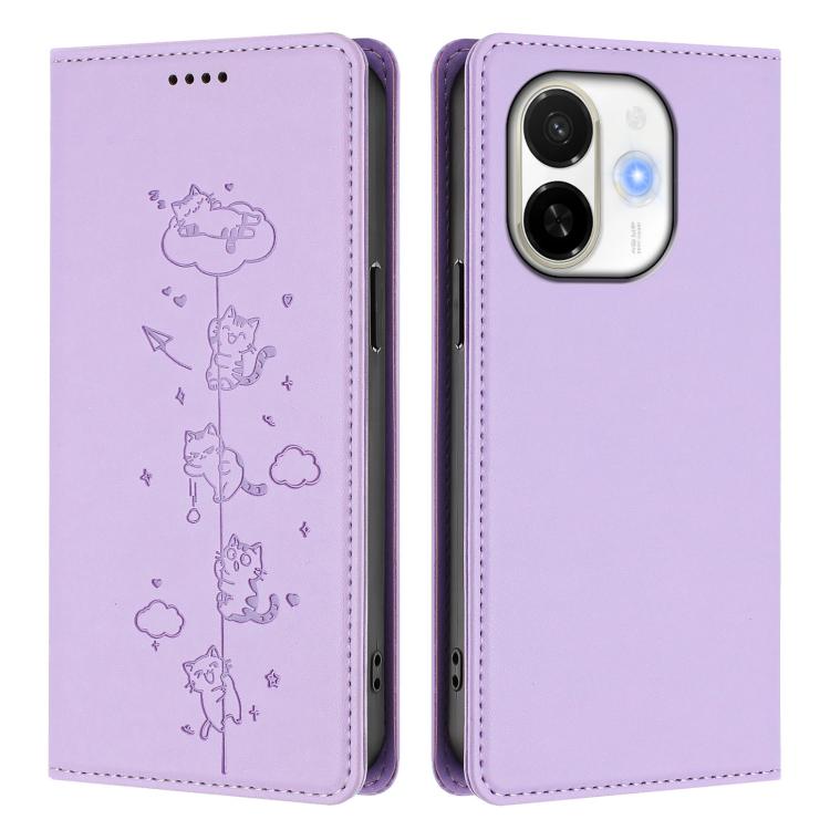For Tecno Spark 30C 5G / Pop 9 5G Cute Cats Embossed Magnetic RFID Vegan Leather Phone Case