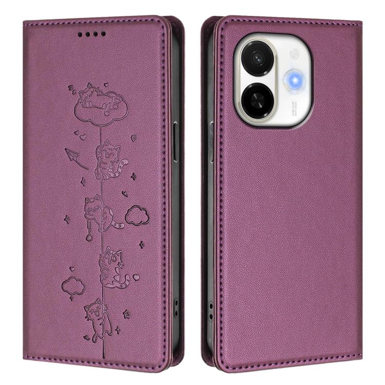 For Tecno Spark 30C 5G / Pop 9 5G Cute Cats Embossed Magnetic RFID Vegan Leather Phone Case
