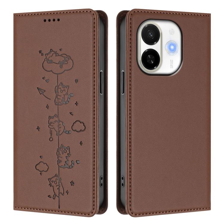 For Tecno Spark 30C 5G / Pop 9 5G Cute Cats Embossed Magnetic RFID Vegan Leather Phone Case