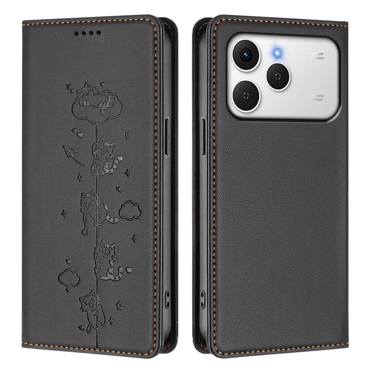 For Tecno Spark 40 4G Cute Cats Embossed Magnetic RFID Vegan Leather Phone Case