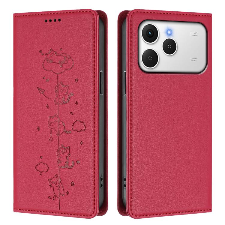 For Tecno Spark 40 4G Cute Cats Embossed Magnetic RFID Vegan Leather Phone Case