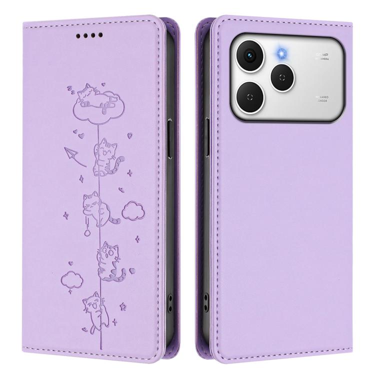 For Tecno Spark 40 4G Cute Cats Embossed Magnetic RFID Vegan Leather Phone Case
