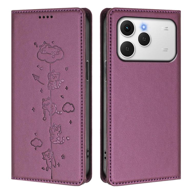 For Tecno Spark 40 4G Cute Cats Embossed Magnetic RFID Vegan Leather Phone Case