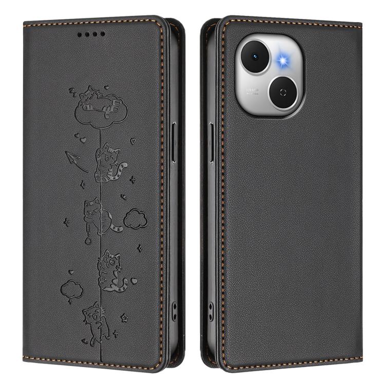 For Tecno Spark 40C Cute Cats Embossed Magnetic RFID Vegan Leather Phone Case