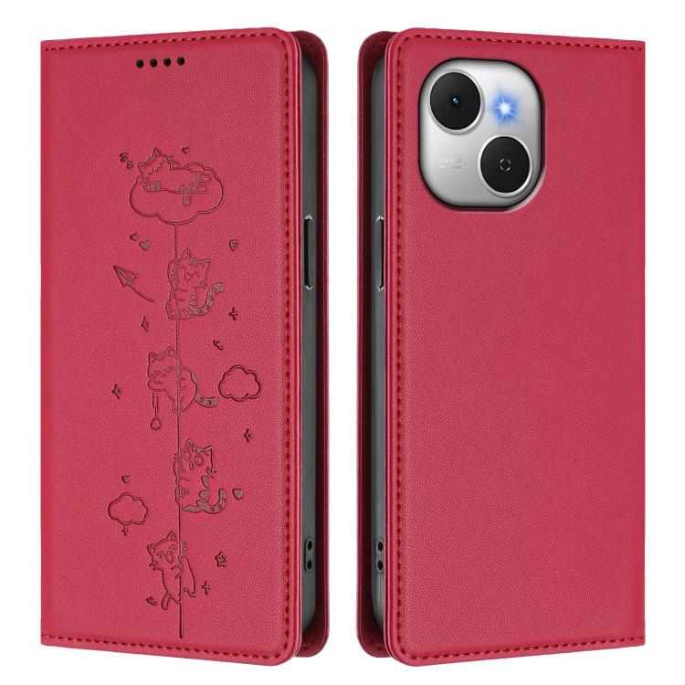 For Tecno Spark 40C Cute Cats Embossed Magnetic RFID Vegan Leather Phone Case