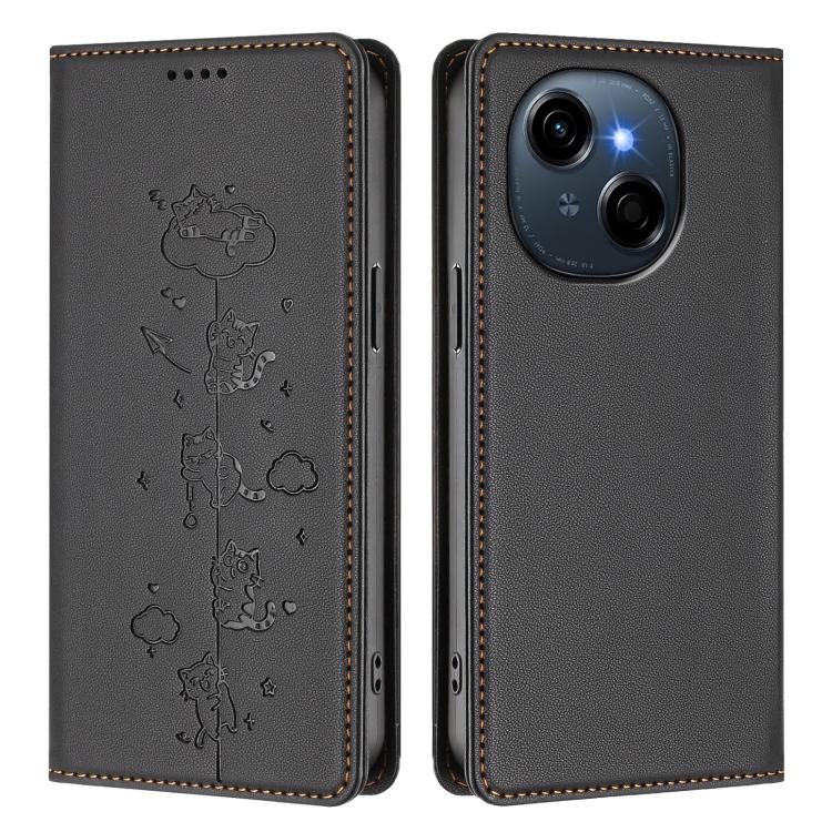 For Tecno Spark Go 1S / Go 1 Cute Cats Embossed Magnetic RFID Vegan Leather Phone Case