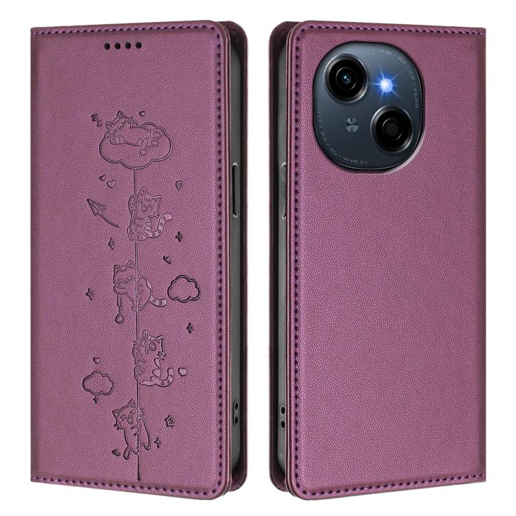 For Tecno Spark Go 1S / Go 1 Cute Cats Embossed Magnetic RFID Vegan Leather Phone Case