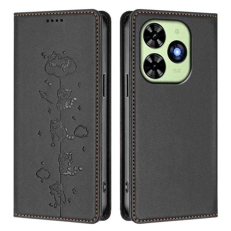 For Tecno Spark Go 2024 / 20 4G Cute Cats Embossed Magnetic RFID Vegan Leather Phone Case