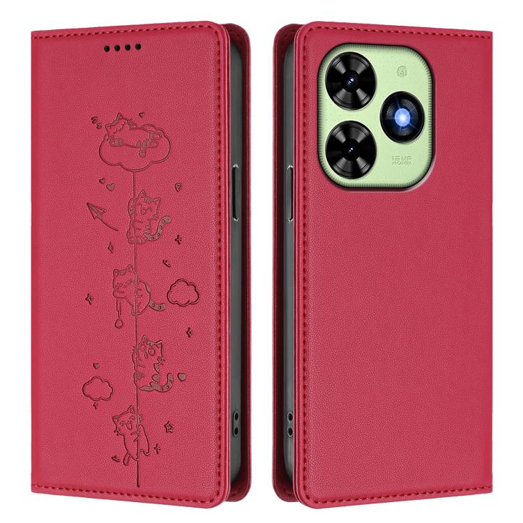 For Tecno Spark Go 2024 / 20 4G Cute Cats Embossed Magnetic RFID Vegan Leather Phone Case