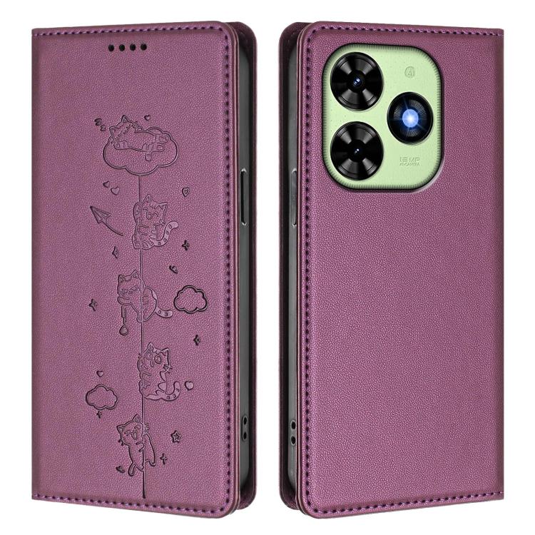 For Tecno Spark Go 2024 / 20 4G Cute Cats Embossed Magnetic RFID Vegan Leather Phone Case