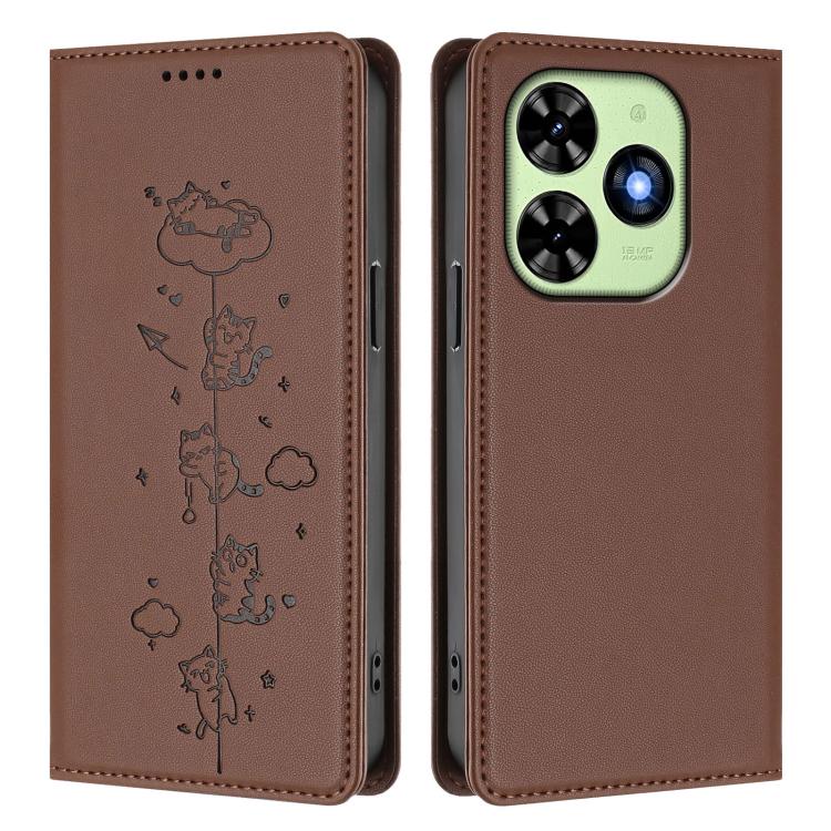 For Tecno Spark Go 2024 / 20 4G Cute Cats Embossed Magnetic RFID Vegan Leather Phone Case