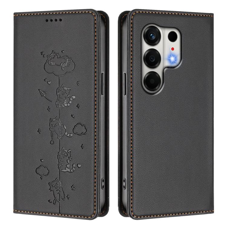 For Tecno Camon 50 4G Cute Cats Embossed Magnetic RFID Vegan Leather Phone Case