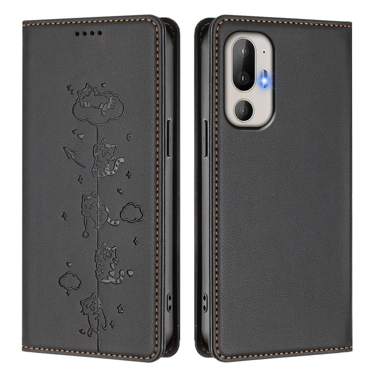 For HTC U24 Pro Cute Cats Embossed Magnetic RFID Vegan Leather Phone Case