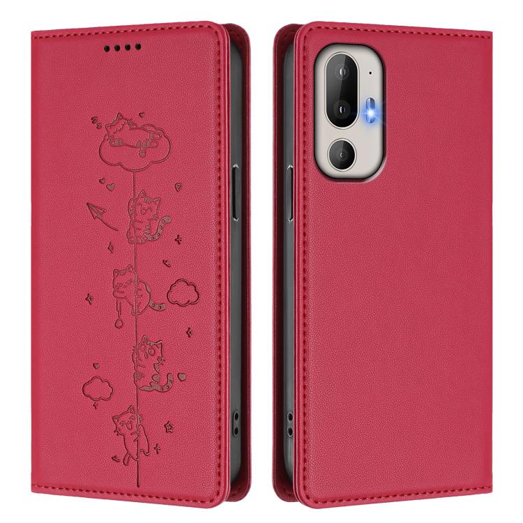 For HTC U24 Pro Cute Cats Embossed Magnetic RFID Vegan Leather Phone Case