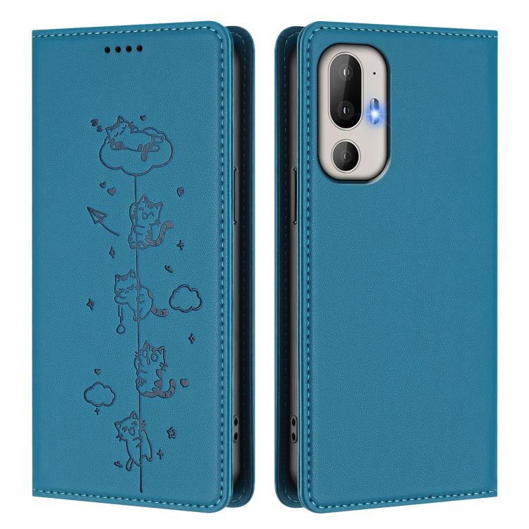 For HTC U24 Pro Cute Cats Embossed Magnetic RFID Vegan Leather Phone Case