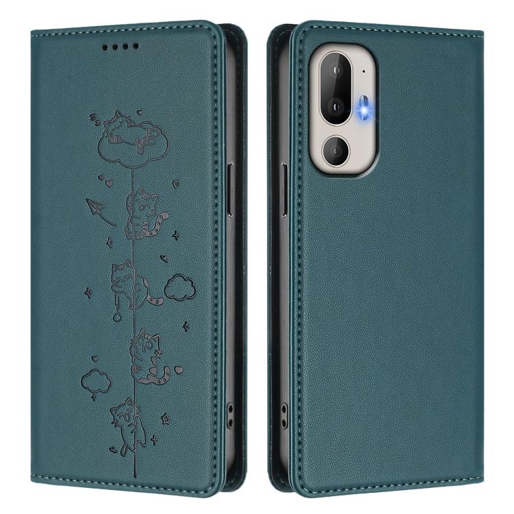 For HTC U24 Pro Cute Cats Embossed Magnetic RFID Vegan Leather Phone Case
