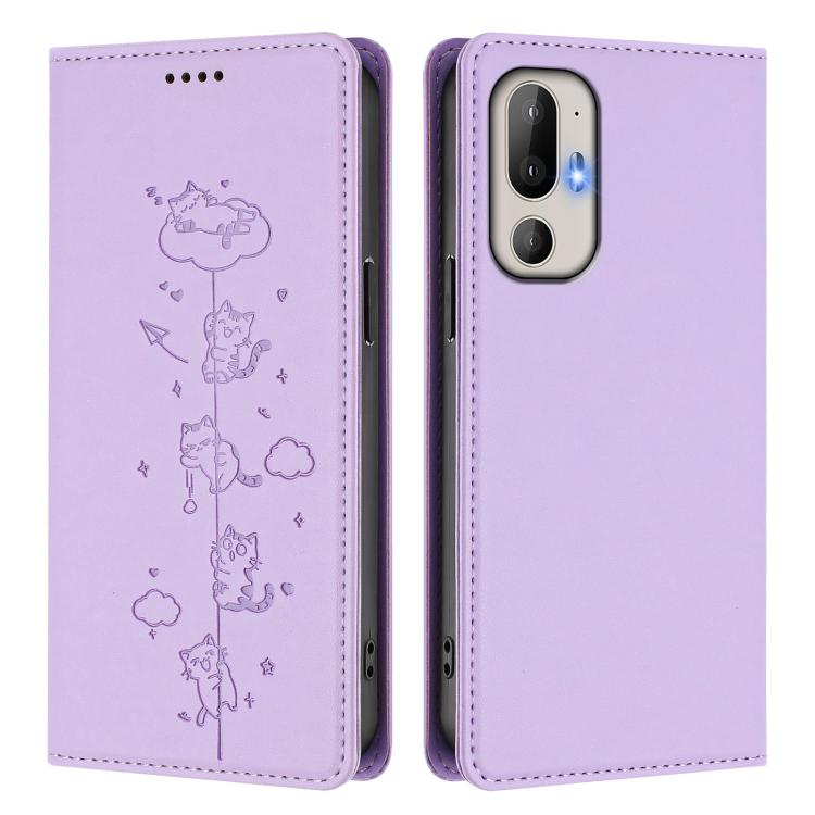 For HTC U24 Pro Cute Cats Embossed Magnetic RFID Vegan Leather Phone Case