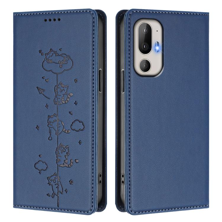 For HTC U24 Pro Cute Cats Embossed Magnetic RFID Vegan Leather Phone Case