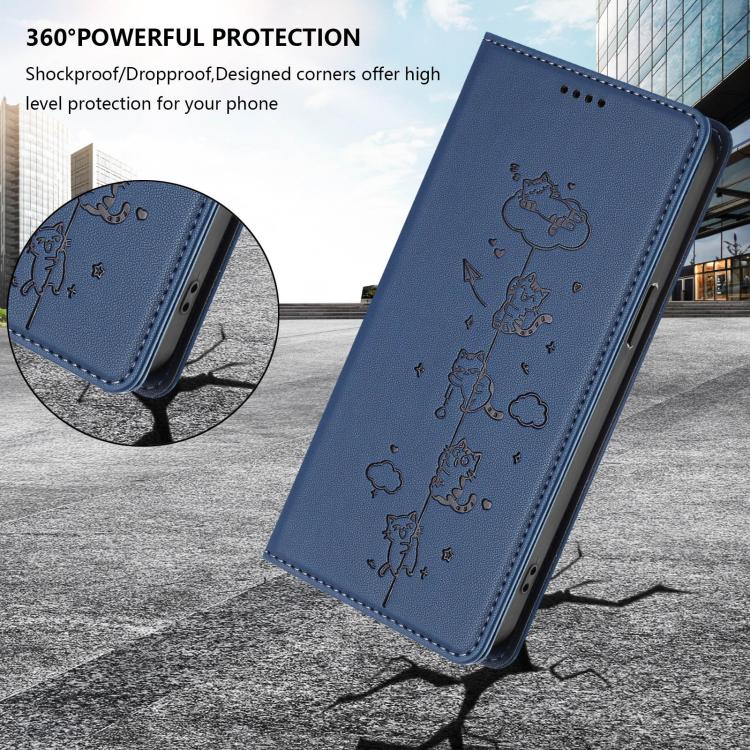 For HTC U24 Pro Cute Cats Embossed Magnetic RFID Vegan Leather Phone Case