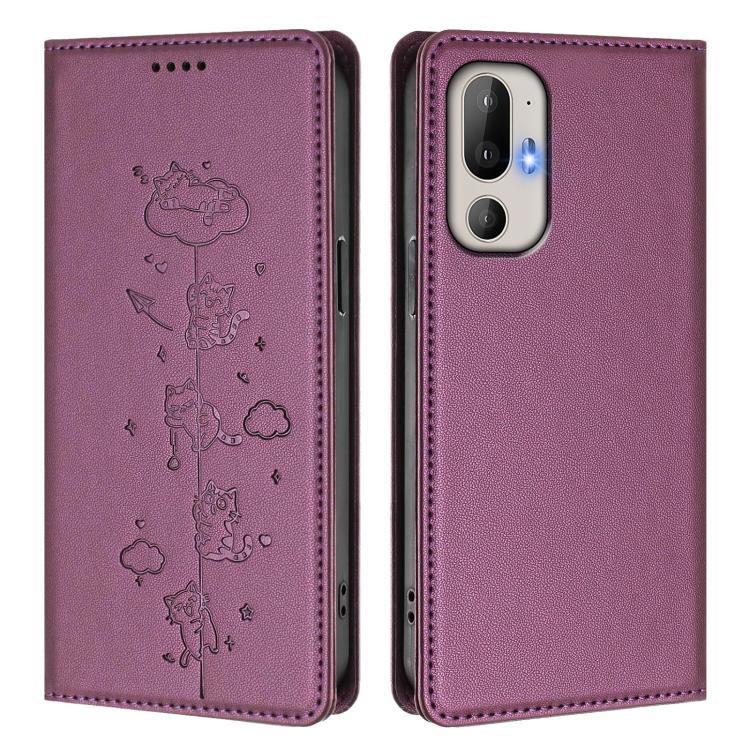 For HTC U24 Pro Cute Cats Embossed Magnetic RFID Vegan Leather Phone Case