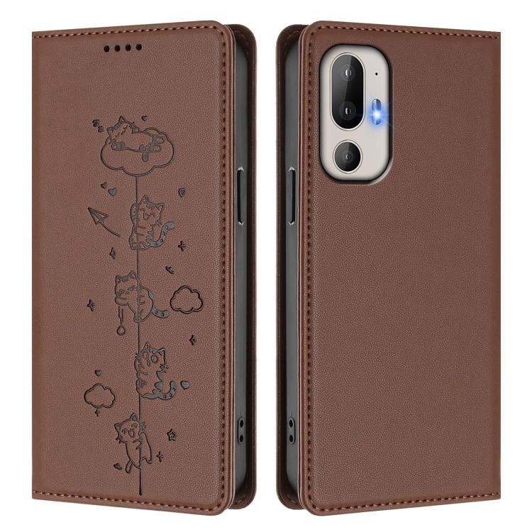 For HTC U24 Pro Cute Cats Embossed Magnetic RFID Vegan Leather Phone Case