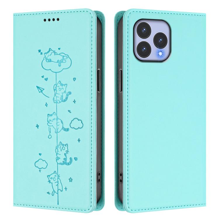 For Wiko T60 / Cubot P80 Cute Cats Embossed Magnetic RFID Vegan Leather Phone Case