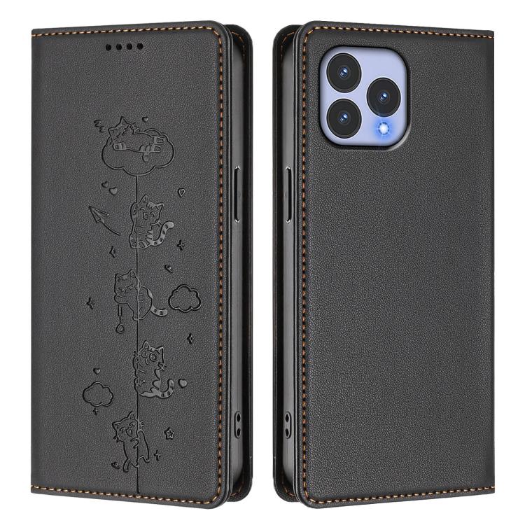 For Wiko T60 / Cubot P80 Cute Cats Embossed Magnetic RFID Vegan Leather Phone Case