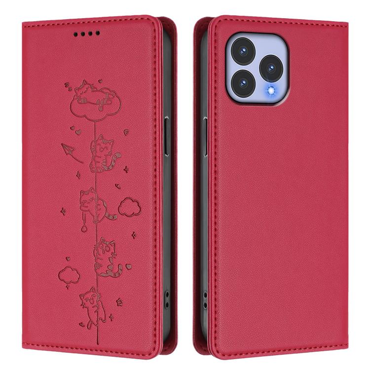 For Wiko T60 / Cubot P80 Cute Cats Embossed Magnetic RFID Vegan Leather Phone Case