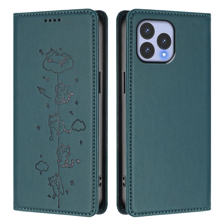 For Wiko T60 / Cubot P80 Cute Cats Embossed Magnetic RFID Vegan Leather Phone Case