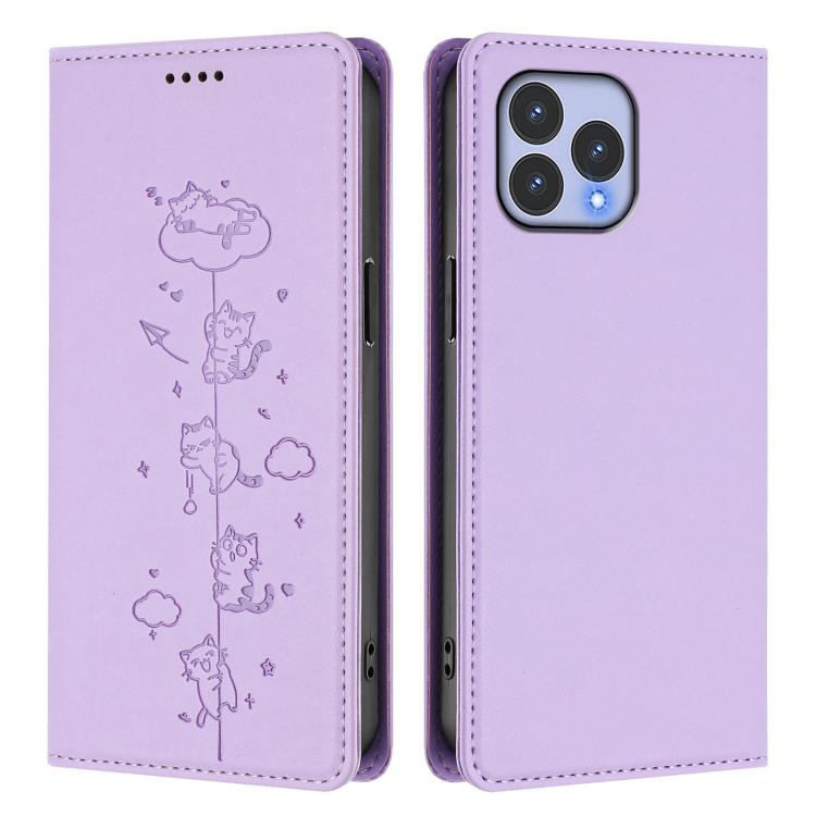 For Wiko T60 / Cubot P80 Cute Cats Embossed Magnetic RFID Vegan Leather Phone Case