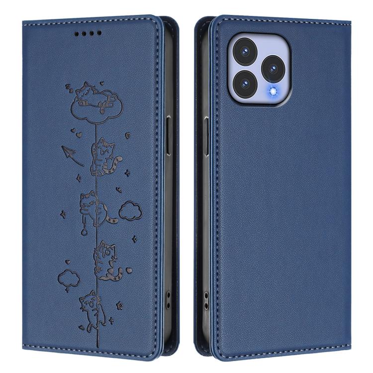 For Wiko T60 / Cubot P80 Cute Cats Embossed Magnetic RFID Vegan Leather Phone Case