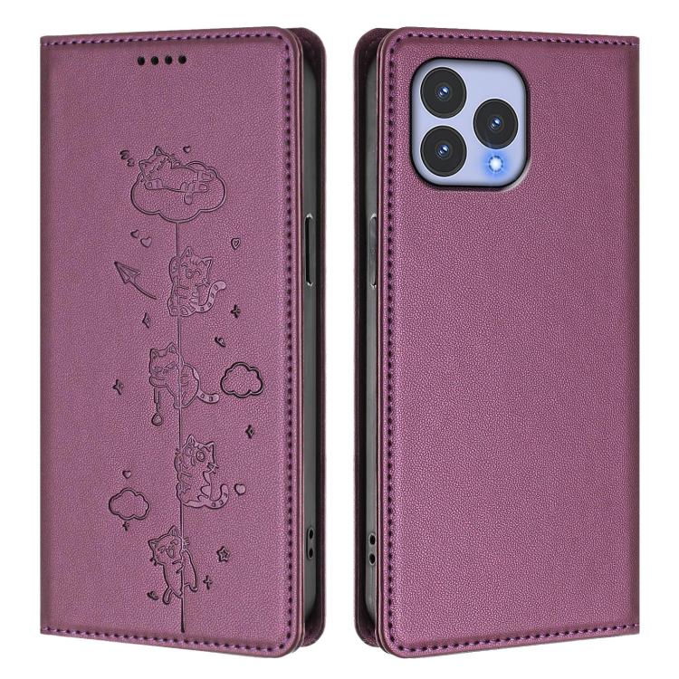 For Wiko T60 / Cubot P80 Cute Cats Embossed Magnetic RFID Vegan Leather Phone Case