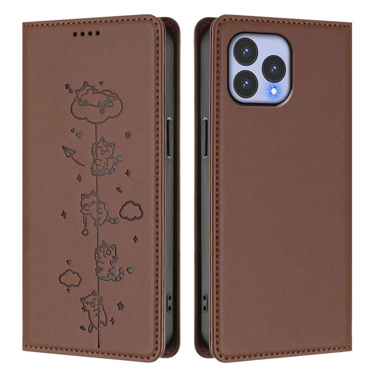 For Wiko T60 / Cubot P80 Cute Cats Embossed Magnetic RFID Vegan Leather Phone Case
