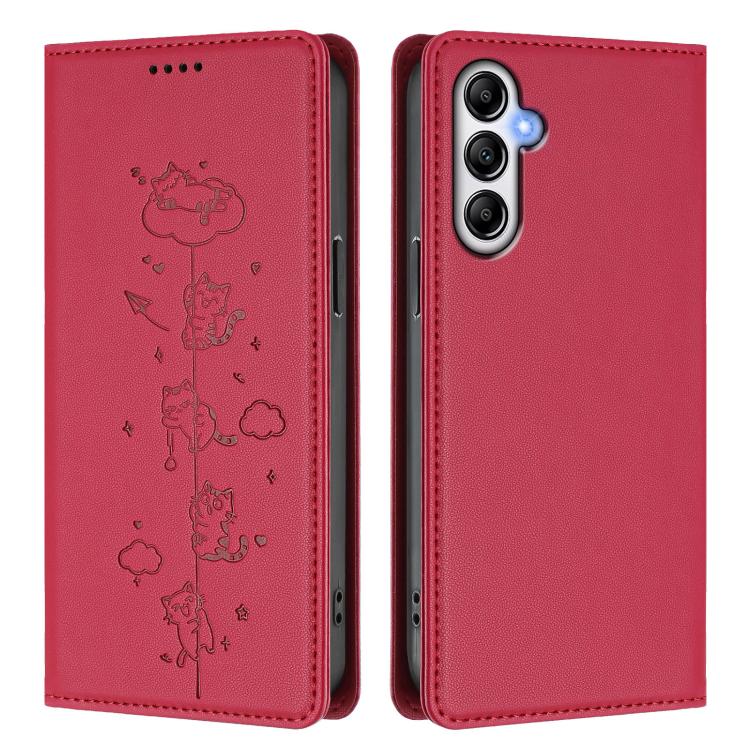 For Samsung Galaxy A35 5G Cute Cats Embossed Magnetic RFID Vegan Leather Phone Case